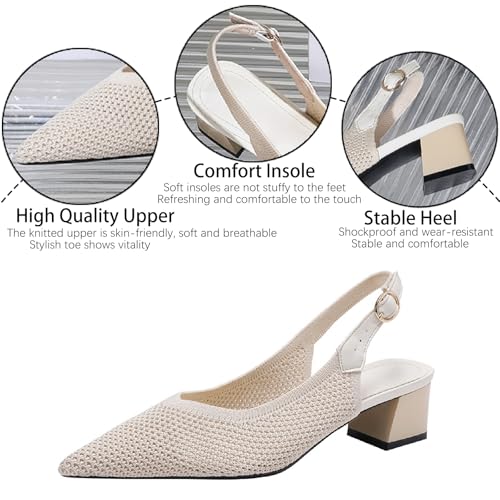 Women's Knit Mesh Slingback Heels Pumps with Adjust Ankle Strap Fashion Closed Pointed Toe Comfortable Chunky Heel Mules Sandals Work Office Wedding Dressy Shoes3