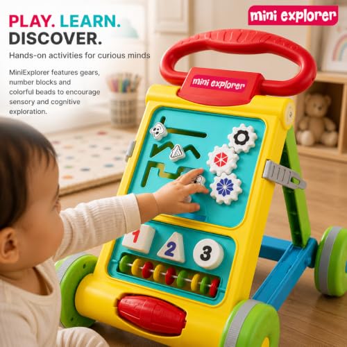 Image of MiniExplorer Baby Activity Walker for 6-15 Months, Foldable Push Walker for Babies, Toddler Learning Walker with Activity Panel, Walker for Boys & Girls, Anti-Slip Wheels & Interactive Toys - Yellow