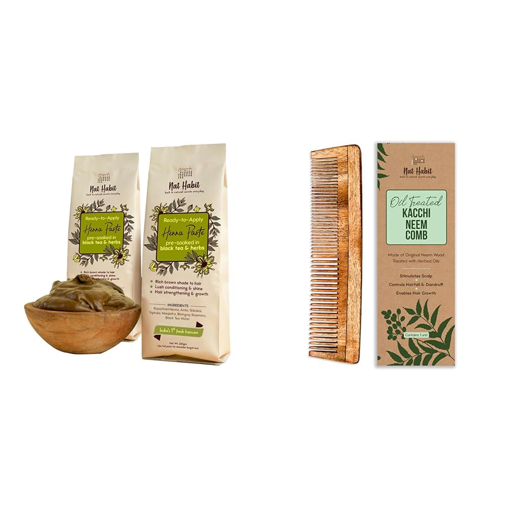 Nat Habit - Fresh Ready To Apply Henna Paste (Pack of 2 x 220g) and Nat Habit Kacchi Neem Wooden Comb - Soaked In 17 Herbs For All Hair Types (Dual Tooth)-picture-26