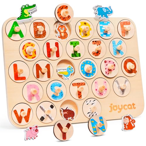 JoyCat Wooden Puzzles for Toddlers 1-3, 52 Pcs Large Size Letter Matching Animal Alphabet Peg Puzzles, Montessori ABC Learning Toy, Gifts for 1 2 3 4 Year Old Boy Girl, Preschool Learning Activities