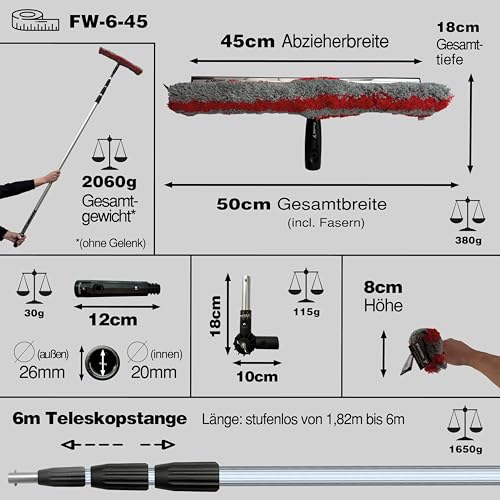 FenWi 6m Teleskop Fensterputzer Profi Set mit Abzieher Gummilippe Microfaser Kombi Fensterwischer 45/50cm Gelenk Alu Teleskopstange 600 cm I für Wintergarten breite Fenster Solaranlagen Reinigung