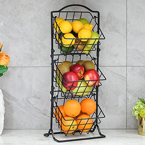 Wetheny 3-Tier Fruit Basket Fruit Bowl for Kitchen Counter or Floor - Fruit Holder Produce Basket for Fruits,Vegetables and Snacks -Metal Market Basket Storage Stand