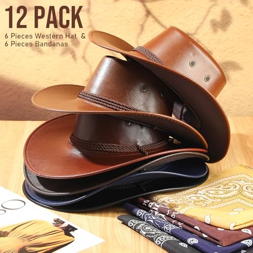 Image of Zhanmai 12 Pcs Cowboy Hat and Bandana Cowboy Cowgirl Hats Bulk Western Party Costume Halloween Accessory