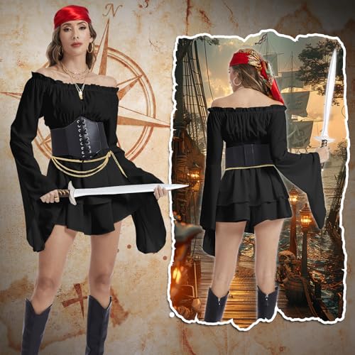 rumnigh Pirate Costume Women Medieval Viking Pirate Dress Head Scarf Sash ChainNecklace Party Outfit Accessories (Black, XX-Large) by rumnigh - Used condition - Image 3