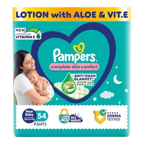 Image of Pampers Complete Skin Comfort Pants,(NB /XS), 54 Count, Anti-rash blanket, Lotion with Vitamin E & Aloe Vera, New Born /X-Small, Upto 5kg