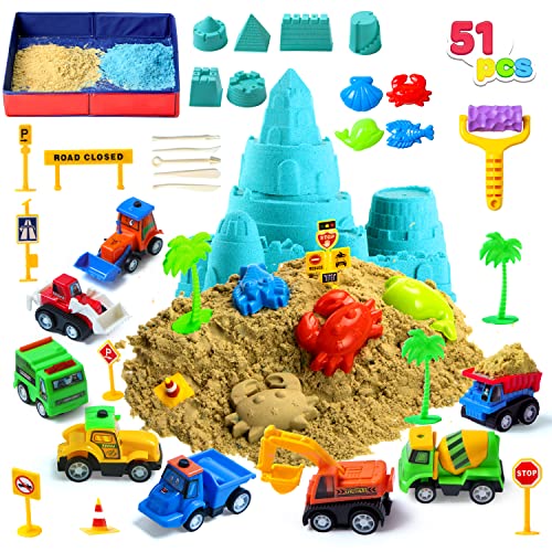JOYIN 51PCS Construction Sand Set, Play Sand Toys for Kids, 3lbs Sensory Sand with 2 Colors, 8 Mini Sand Trucks, 18 Sand Molds (Castle, Animal, Car), 1 Sand Box for Toddlers Kids Boys Grils