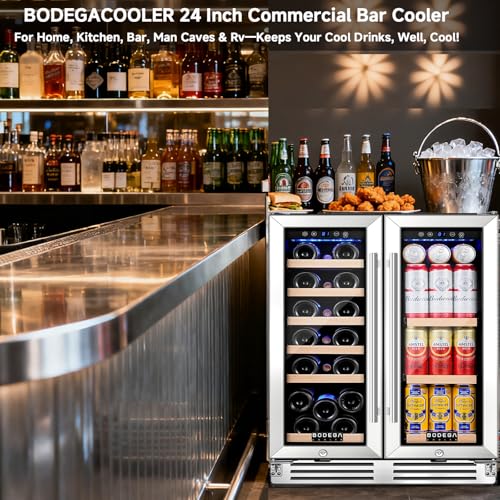 BODEGA 24 Inch Wine and Beverage Refrigerator, Dual Zone Wine and Bar Beverage Cooler, Commercial Black Bar Cooler With 2 Glass Doors, Bar Fridge Hold 19 Bottles and 57 Cans,Built-In or Freestanding. on Fridge.com