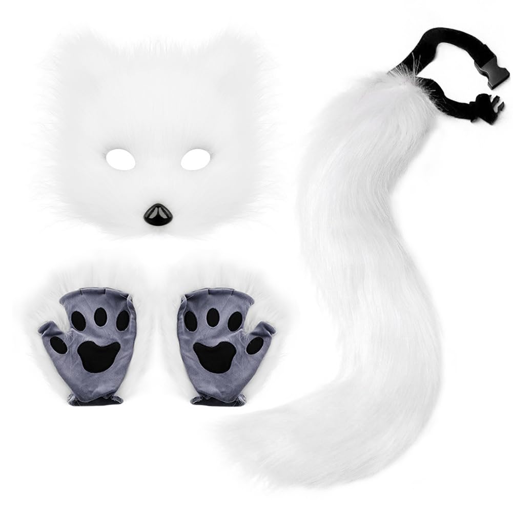 Sanfly Mask Costume Set Tail and Paw Gloves Set Halloween Cosplay Costume for Masquerade Cosplay Party Halloween Therian Mask
