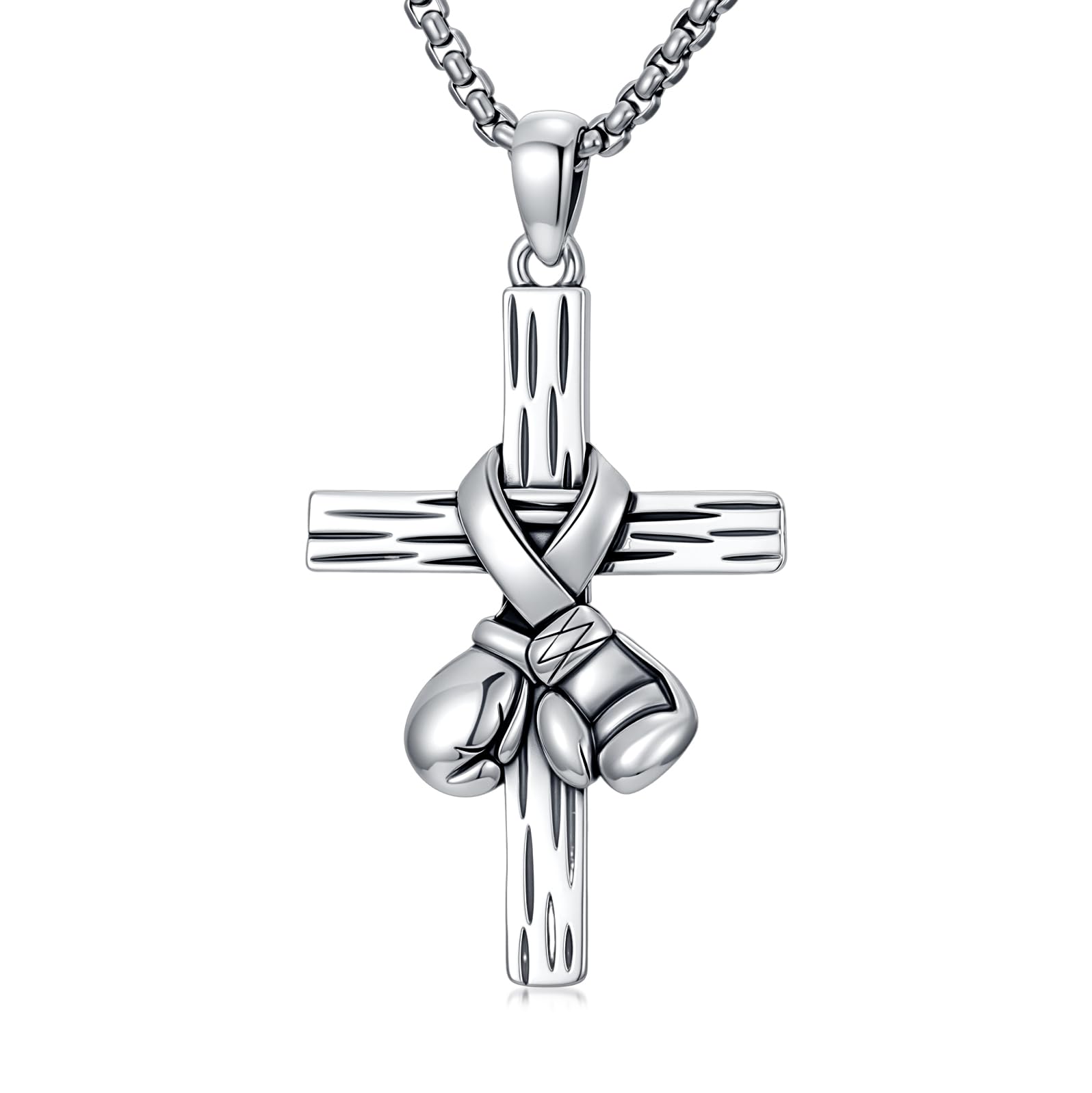 Collana con ciondolo a forma di croce da boxe, in argento Sterling 925, a forma di guantoni da boxe, stile punk, con catena in acciaio inox da 55,9 cm + 5,1 cm