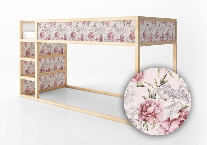 KURA Bed Bright Floral Pattern with Peonies on Light Background Kids Decals Sticker Furniture Decals for Nursery Adhesive