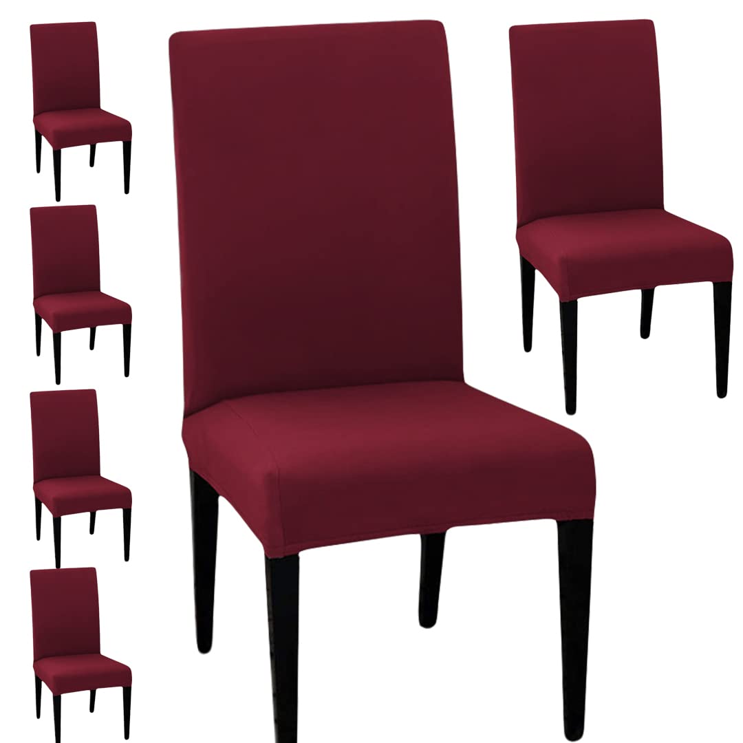 HOTKEI Pack of 6 Maroon Elastic Stretchable Dining Table Chair Seat