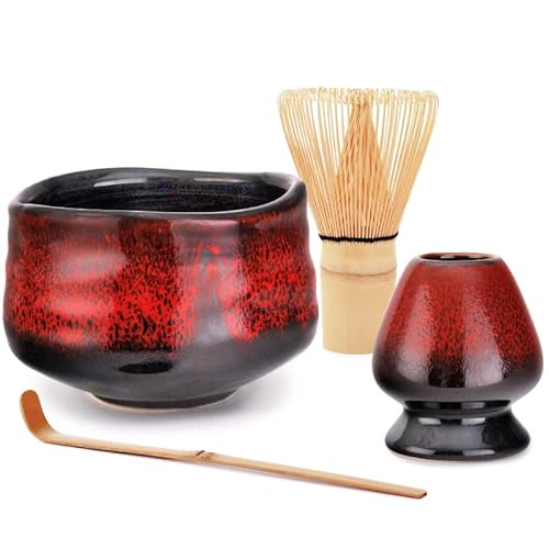 Hinomaru Collection Japanese Tea Ceremony Matcha Green Tea Utensils Set Matcha Bowl Chasen Whisk Scoop And Holder Stand (Black And Red) #TOP18