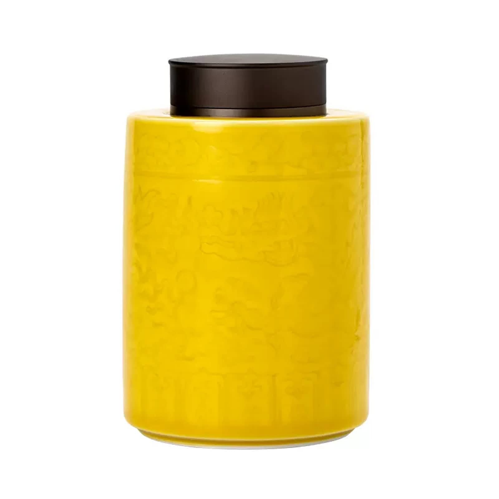 tea canister Ceramic Tea Canister with Airtight Double Lids, Vintage Chinese Style Storage Jars Traditional Tins Cans Caddy 700ML for Kitchen Spice Coffee Condiment （Yellow） Kitchen Organisation