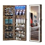 LVSOMT LED Mirror Jewelry Cabinet, Wall/Door Mount Jewelry Armoire Organizer with Lights, Full Length Mirror with Jewelry Storage, Over the Door Hanging Cabinet (Rustic Brown)