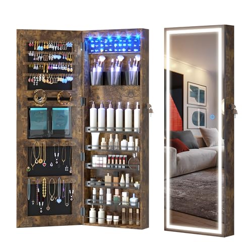 LVSOMT LED Mirror Jewelry Cabinet, Wall/Door Mount Jewelry Armoire Organizer with Lights, Full Length Mirror with Jewelry Storage, Over the Door Hanging Jewelry Cabinet (Rustic Brown)