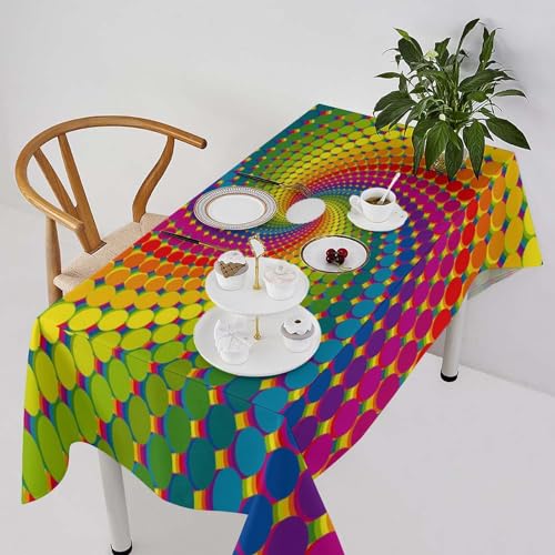 SHElifestyle Colorful Swirl Flower Tablecloth, Abstract Geometric Boho Rainbow Vortex Table Cover Multi Colored Spiral Water Resistant Wipeable Tabletop for Party Kitchen Dinning Table 55"x55"