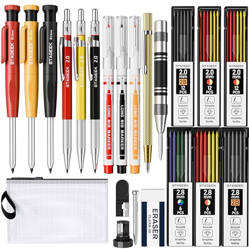 22 Pack Mechanical Carpenter Pencil Set with Sharpener 60 Refills, Automatic Center Punch, Carbide Scribe Tool, Eraser and Deep Hole Marker Pen, Heavy Duty Construction Pencil for Architect-With Pouch image 1