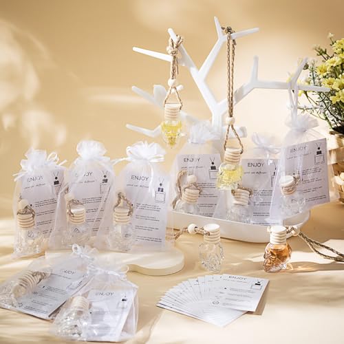 Image of Boao 25 Sets Halloween Hanging Car Air Freshener Diffuser Bottles Empty Bulk with Car Diffuser Instruction Card Organza Bags Glass Refillable Essential Oil Fragrance Aromatherapy Pendant(Skull, Clear)