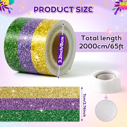 Image of BeYumi Mardi Gras Border Trim - 65ft Mardi Gras Straight Rolled Border Trim Classic Glitter Yellow Purple Green Bulletin Board Set Carnival Holiday Masquerade Party School Classroom Home Wall Decor