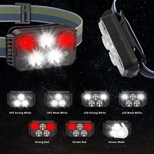 Head Torch Rechargeable Headlamp with 5 Lights 6 Modes, Waterproof 8000L LED Hands-Free Light, Super Bright Rechargeable LED Head Torch for Running, Camping, Fishing,Walking Dogs