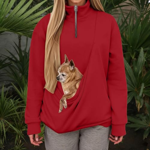 Sudadera sin capucha con cremallera de cuartos bolsillo y soga para gatos rojo L 5