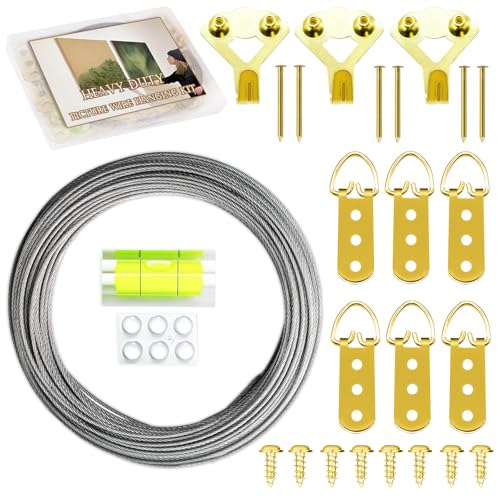 Image of Golden Picture Hanging Kit Picture Hanging Wire Kit Heavy Duty Mirror Hanging Kit,100 lbs 50FT Stainless Steel Wire Hanger Kit,with D-Ring /Hanging Hooks /Screws /Level