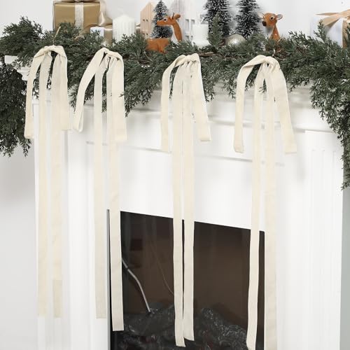 Janinka 6 Pcs Beige Velvet Christmas Swag Bow 31.5 x 23.6 inch Large Neutral Cream Christmas Ornament Vintage Rustic Velvet Staircase Wreath Bows Xmas Tree Topper Bows Large Bow for Outdoor by Janinka - Image 3