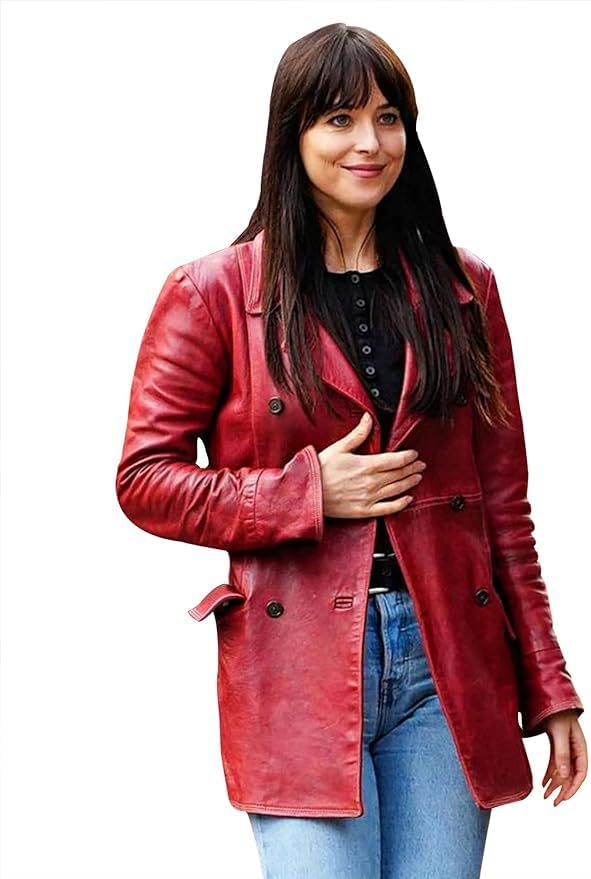 Women Madame Maroon Leather Blazer Dakota Johnson Double Breasted Leather Jacket
