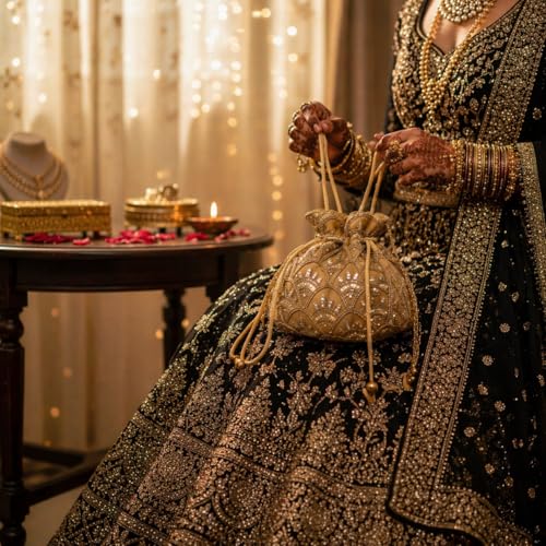 Image of Women's Embellished Zari & Pearl Velvet Potli Bag - Elegant Traditional Handcrafted Clutch for Weddings & Festive Occasions