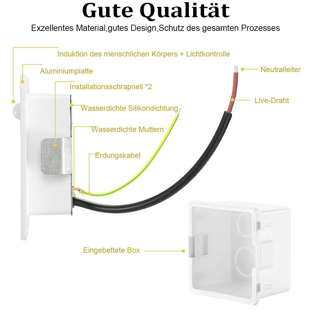 Juego de 4 luces LED empotrables para escaleras, aluminio, 3 W, 230 V, luz blanca cálida, iluminación exterior con detector de movimiento, lámpara de pared, IP65, resistente al agua