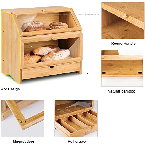 Homekoko Large Bamboo Two-Layer Bread Box With Drawer, Double Layers Large Bread Box For Kitchen Counter, Wooden Large Capacity Bamboo Bread Food Storage Bin (Natural) #TOP2