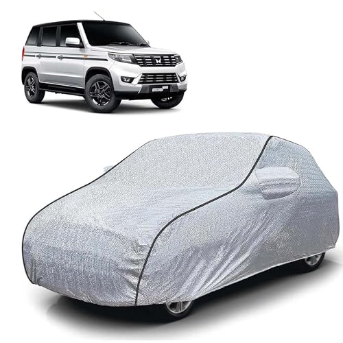 Image of Sulfar 100% Waterproof Car Body Cover Compatible with Mirror for Mahindra Bolero Neo (Triple Stitched, Full Bottom Elastic, Magic Silver with Black Piping)
