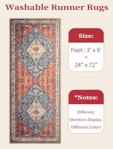 SERISSA Boho Washable Runner Rug, 2x6 Rug Non-Slip Tribal Hallway Kitchen Runner Rug Ultra Soft Print Distressed Vintage Floor Carpet for Bedroom Bathroom Laundry Living Room