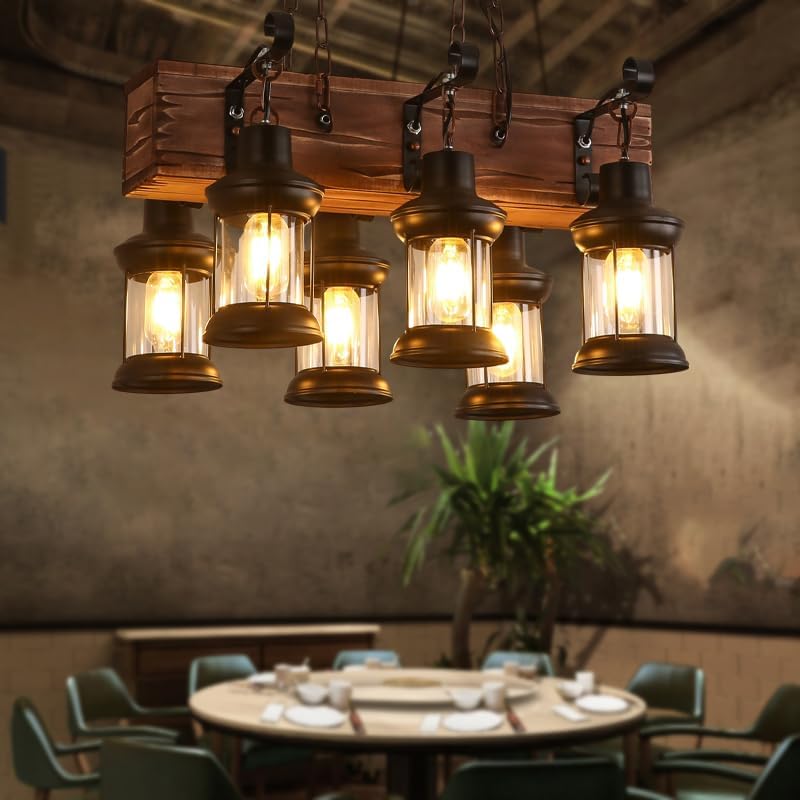 Miniatura 1 de Candelabro rústico de granja para comedor, cocina, isla, luces colgantes de madera industrial, lámpara de techo para sala de juegos, bar, café,