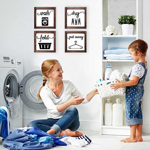 Libwys Laundry Sign Set Of 4 Wash Dry Fold Put Away Decorative Rustic Handmade Wood Farmhouse Laundry Room Wall Decor (White) #TOP5