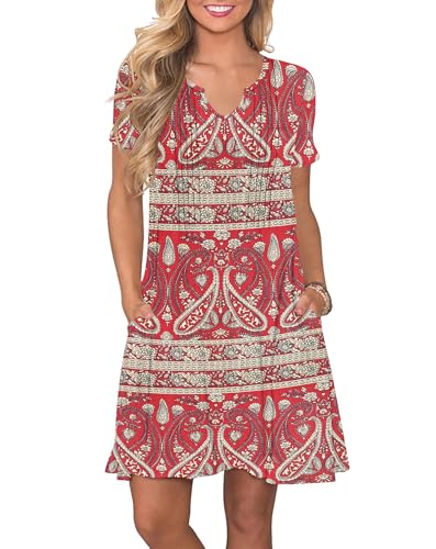 PLOKNRD Señoras Vestido de Verano 2025 Elegante Plisado Vestido Casual Muesca Cuello en V Vestido Camiseta hasta la Rodilla con Bolsillos(Boho Flores Rojas,S