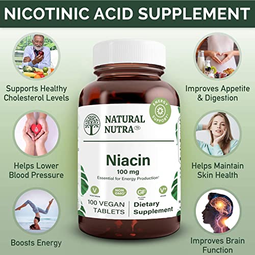 Natural Nutra Niacin As Nicotinic Acid (Vitamin B3) Supplement For Boost Energy, Improves Digestion, Brain Function, Non-Gmo, Gluten-Free, 100 Mg, 100 Tablets (Pack Of 2) #TOP2