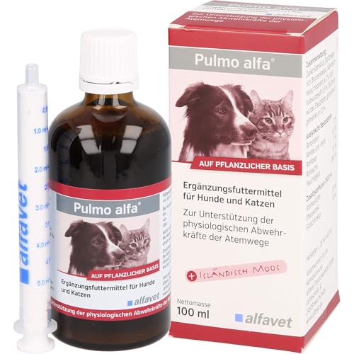 Alfavet Pulmo alfa | 100 ml | Flüssiges Ergänzungsfuttermittel für Hunde und Katzen | Zur Unterstützung der Atemwege | Mit pflanzlichen Substanzen und natürlichen Aromastoffen