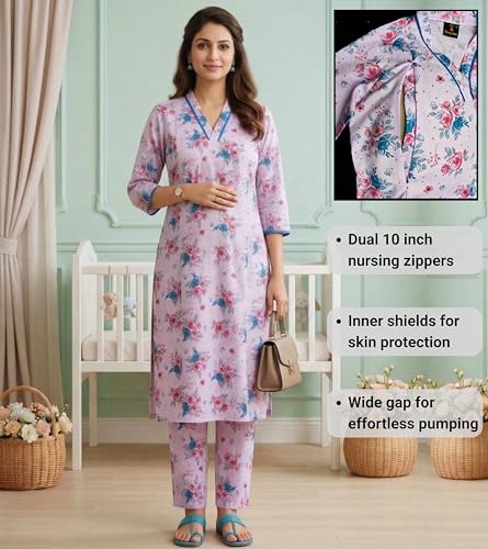Image of DUMMY SHAPE Maternity Dresses for Women Cotton | Floral Kurta Pant Dupatta Set with Nursing Zippers, Side Pocket | Pre & Post Pregnancy | Feeding Kurti Suit | Baby Shower | Gifts for Pregnant Woman