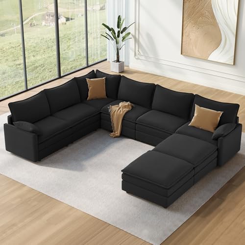 Image of Vesgantti Large Modular Sectional Sofa, Big Comfy Cloud Couch with Ottoman Deep Seat Chenille Cloud Sofa, 8 Seater Large Sectional Couches for Living Room, Bedroom and Apartment, Black