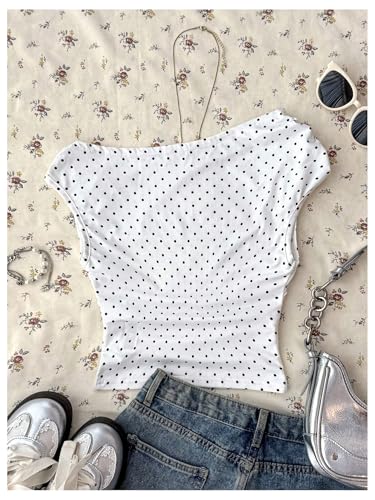 SOLY HUX Girl's Polka Dots T Shirt Off The Shoulder Cap Sleeve Ruched Tee Slim Fit Summer Crop Tops2