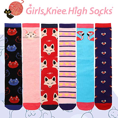 Girls Knee High Socks 6 Pairs Animal Pattern (3-12 Years Old, Animal G)