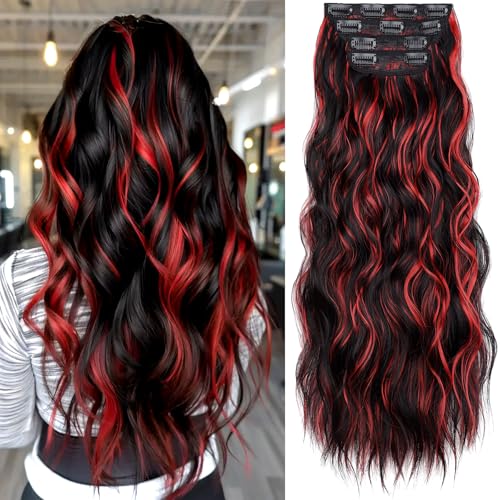Image of KooKaStyle Wavy Clip in Hair Extensions 24 inch Black Mix Red Highlights | 4 Pieces Clip in Extensions,Fiber Double Weft Hairpieces,Natural Volume,Beach Wave Long Synthetic Hairpieces for Women