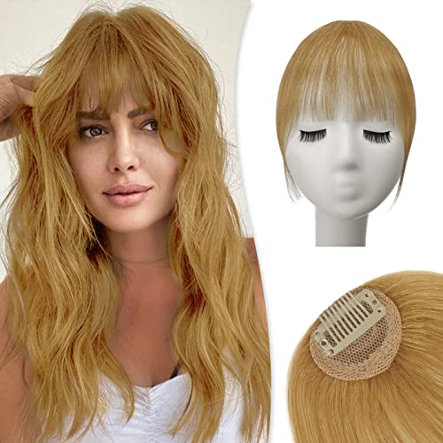 RUWISS Wispy Bangs Hair Clip in Extensions 100% Human Hair Clip on Bangs with Temples Hairpieces Faux Bangs Clip in Bangs Real Human Hair Bangs for Women（Warm Blonde 3）
