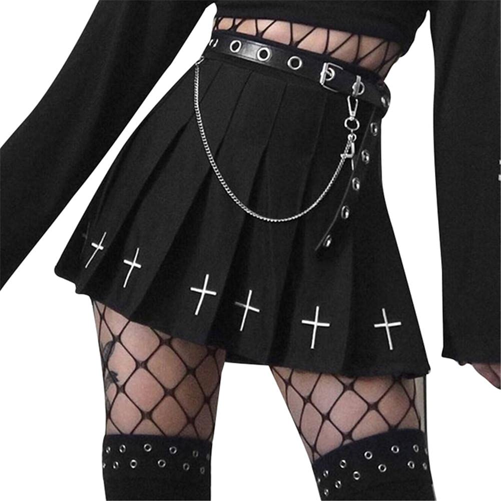 Tennis Skirt Goth High Waist Mini Black Skirts Gothic Streetwear Cross Print Pleated Women Skirts Casual College Lolita Skirt - XL - Zwart
