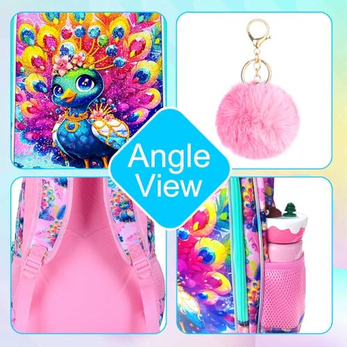 Image of 3Pcs Backpack for Girls, 16 inch Kids Bookbag with Lunch Box,Peacock School Backpacks for Elementary Preschool Kindergarten (Pink)