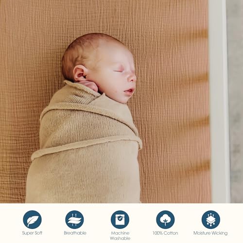 Image of GRSSDER 100% Cotton Muslin Crib Sheet 2 Pack - Breathable & Ultra-Soft Fitted Crib Sheets for Standard Baby & Toddler Mattresses, 52 inchx28 inch with 9 inch Deep Pocket, Snug Fit All-Around Elastic