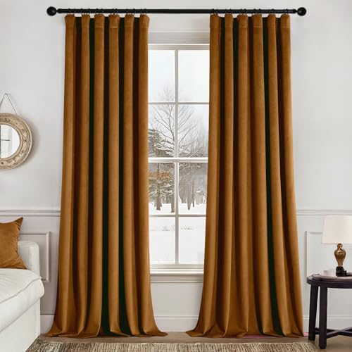 Image of MIULEE Velvet Curtains 50W x 84L 2 Panels Golden Brown Blackout Curtains | Luxury velvet fabric, pinch pleat design, back tab hooks, thermal insulated, blackout light blocking, for living room bedroom