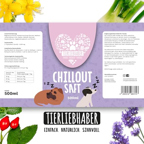 TIERLIEBHABER - Chillout Saft für Hunde zur Beruhigung bei Angst und Stress an Silvester – 100% natürliches Beruhigungsmittel für Hunde – Anti-Stress Saft mit Baldrianwurzel, Lavendel & Johanniskraut