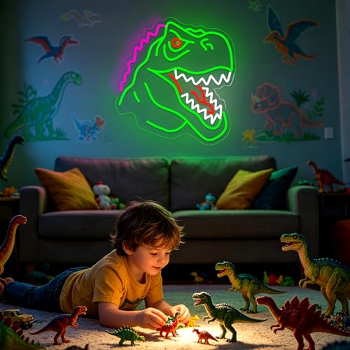 Image of Dinosaur Neon Sign Lights for Wall Decor, T-REX LED Sign for Room and Man Cave Decor, Dimmable Powered LED Signs for Bedroom, Man Cave Party, Birthday Christmas Gift (T-REX Green)